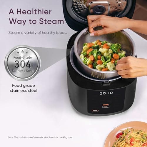 COSORI Rice Cooker 10 Cup, 24h Keep Warm, Non-stick Ceramic Inner Pot, 18 Functions Fuzzy Logic Rice Maker with Stainless Steel Steamer Basket, Sauté, Slow Cooker, Black - Image 4
