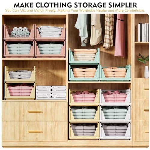 SNSLXH 5 Pack Stackable Closet Storage Basket, Multifunctional & Foldable Closet Organizer for Bathroom Kitchen Laundry Room Wardrobe Storage, Space-Saving Clothes Storage Drawer Organizer, White - Image 5