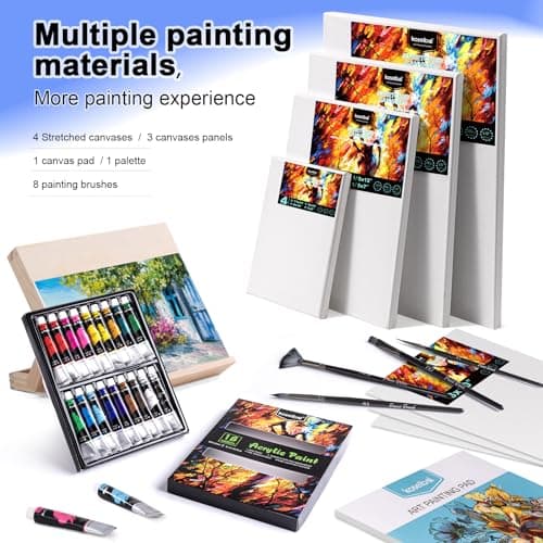 koseibal Acrylic Art Set with 18 Acrylic Paints, 8 Brushes, 4 Stretched Canvas, 1Wooden Easel, Etc, Premium Painting Supplies Kit for Students, Artists Kids, Adults, and Beginner. - Image 4