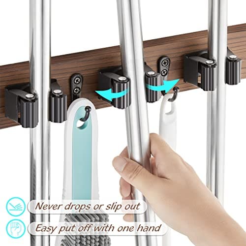 OUTNILI Mop and Broom Holder Wall Mount - Rustic Wood Broom Mop Hanger - Wall Mounted Garden Tool Rack Organizer for Closet Garage Laundry Room Kitchen Decor With 4 Slots & 4 Hooks - Image 2