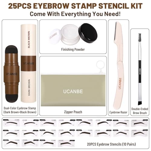 UCANBE 25PCS Eyebrow Stamp Stencil Kit With Dual-Color Eyebrow Stamp Pomade,20 Reusable Eyebrow Stencils,Finising Powder,Brush,Eyebrow Razor,Zipper Pouch,Waterproof Eye Brow Stamping and Shaping Kit04 - Image 2