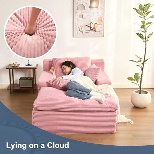 63" Oversized Chaise Lounge Chair Indoor, Extra Cloud Layer, Convertible Sleeper Sofa Couch with Removable Pillows & Side Pockets, Corduroy Upholstered Sofa Bed with Armrests for Living Room, Pink - Image 5