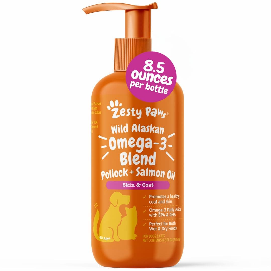 Zesty Paws Wild Alaskan Omega-3 Blend Pollock + Salmon Oil for Dogs and Cats- Skin and Coat Support, Omega 3 Supplement for Pets, 8.5oz Salmon Oil 8.5 Fl Oz