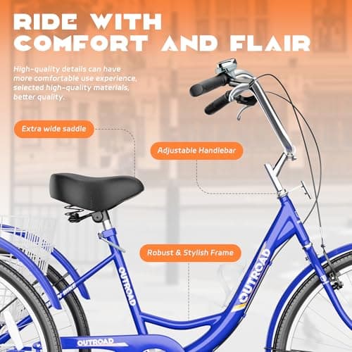 Adult Tricycle with Large Basket 24/26 Inch, Stable 3-Wheel Cruise Bicycle for Shopping, Beach and City Trike Perfect for Men, Women, Seniors(24 Blue) - Image 4