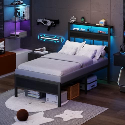 Furnulem Twin Bed Frames with Charging Station and LED Lights, Twin Size Platform Bed with Metal Slats, Wood Headboard with 2-Tier Storage Shelves, No Box Spring Needed, Black Oak - Image 4