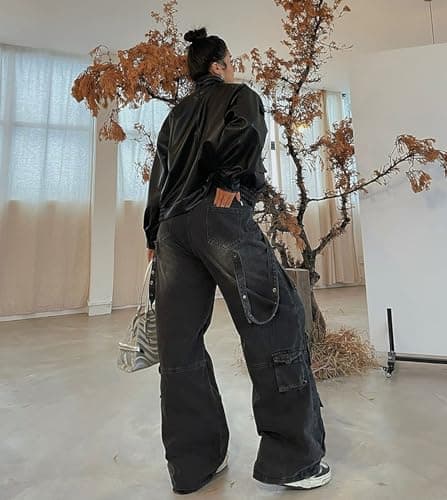 Hugboom Baggy Cargo Pants for Men Women Wide Leg Jeans Y2k Hip Hop High Waisted Pants Casual Streetwear Grunge Clothes Black (L) - Image 5