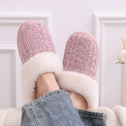 Evshine Women's Warm Chenille Knit House Slippers Comfy Memory Foam Winter Slippers with Faux Fur Collar and Indoor Outdoor Soles Pink, 40-41 (Size 8-9) - Image 2