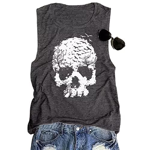 Skull Tank Tops for Women Funny Gothic Graphic Sleeveless Shirts Horror Skeleton Rock Tees Workout Summer Casual Tank Tops Grey, M