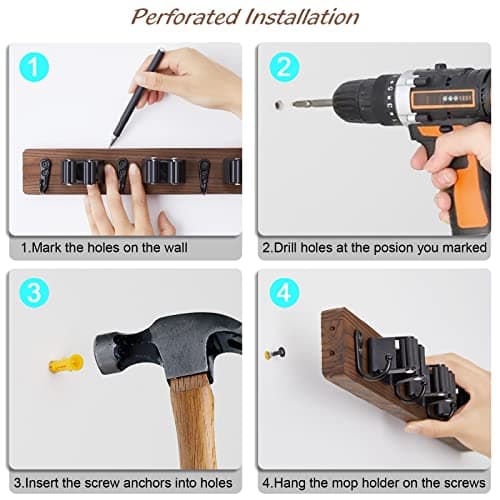 OUTNILI Mop and Broom Holder Wall Mount - Rustic Wood Broom Mop Hanger - Wall Mounted Garden Tool Rack Organizer for Closet Garage Laundry Room Kitchen Decor With 4 Slots & 4 Hooks - Image 7