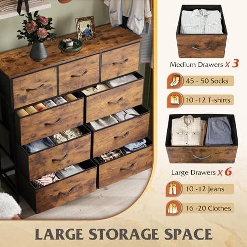 WLIVE 9-Drawer Dresser, Fabric Storage Tower for Bedroom, Hallway, Entryway, Closet, Tall Chest Organizer Unit with Fabric Bins, Steel Frame, Wood Top, Easy Pull Handle, Rustic Brown Wood Grain Print - Image 5
