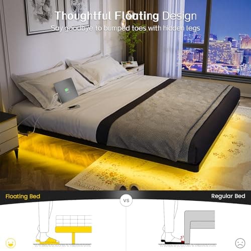 OLEVS King Size Floating Bed Frame, Metal Platform, with LED Light and Charging Station, No Box Spring Needed, Noise-Free, Easy Assembly - Image 3