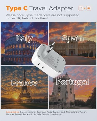 European Travel Plug Adapter USB C, TESSAN International Plug Adapter with 4 AC Outlets 3 USB Charging Ports, Type C Europe Power Adaptor for US to EU France Germany Iceland Spain Italy - Image 2