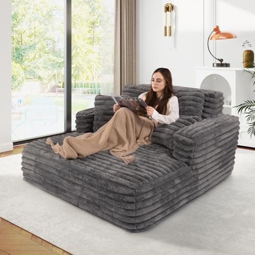 JEEOHEY 56"W Oversized Chaise Lounge Chair Indoor,Plush Faux Fur Sleeper Sofa Couch Bed with Pillows&Wide Armrest,Fluffy Comfy Cloud Sofa,Compression Foam Boneless Couch for Living Room,Bedroom(Grey) - Image 5