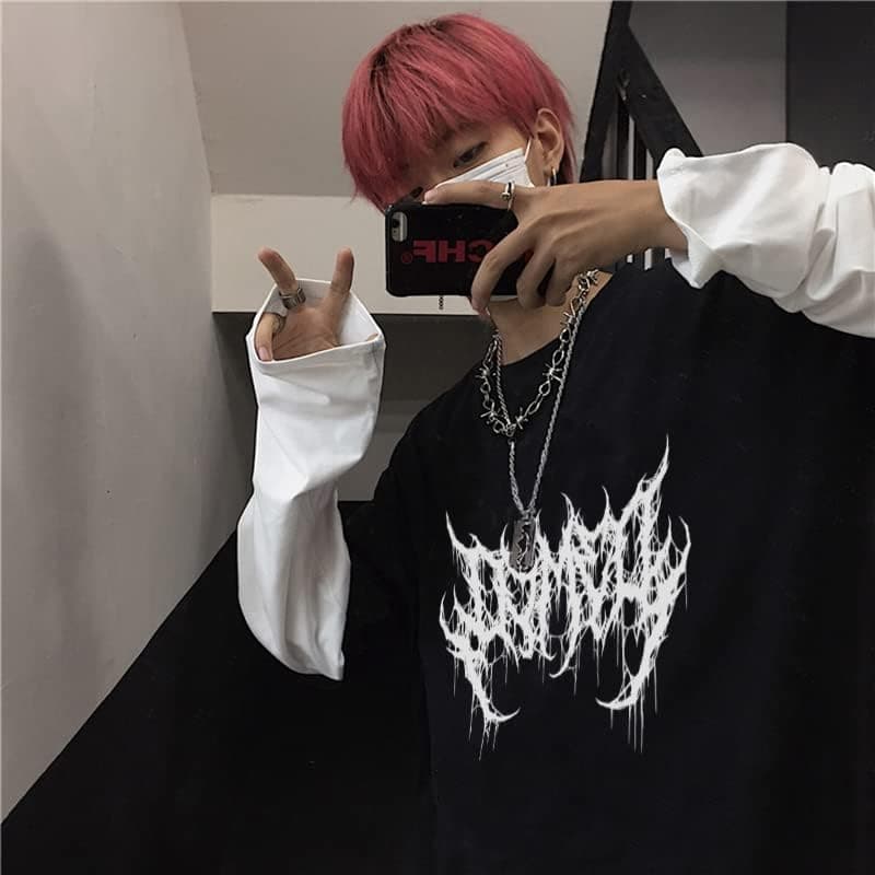 Goth Shirt Gothic Shirt Fake Two-Piece Alternative Clothing Goth Long Sleeve Top Grunge Clothes XX-Large Black02 - Image 5