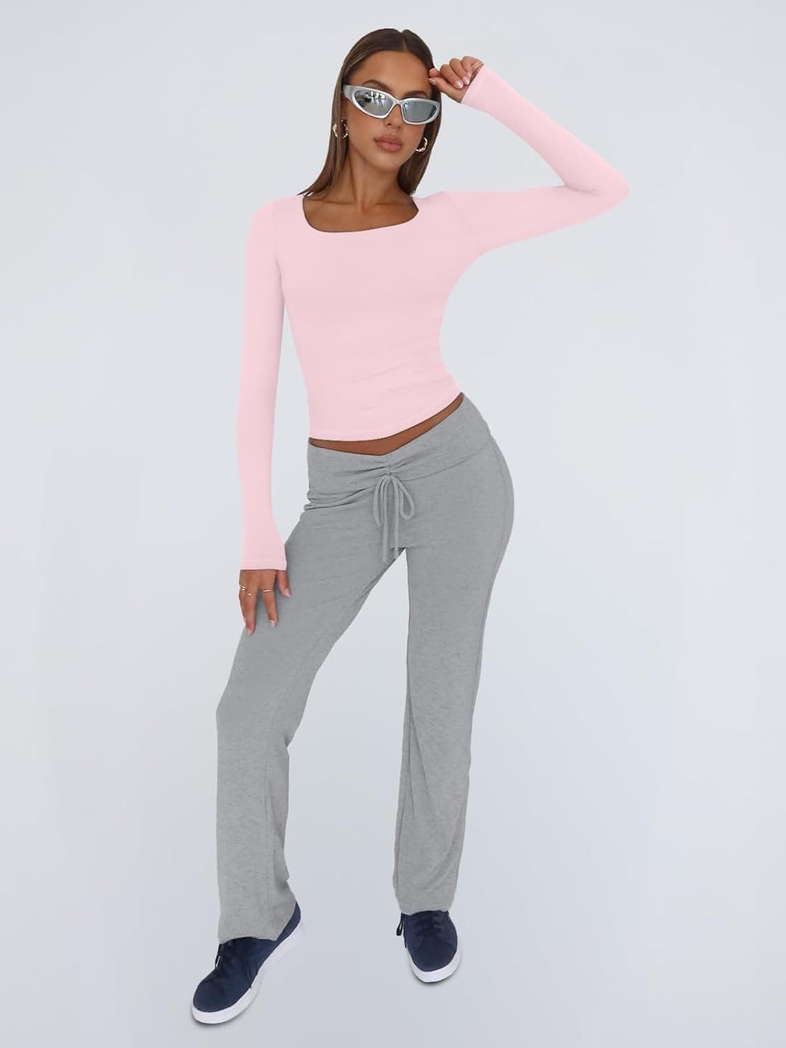 Trendy Queen Womens Long Sleeve Shirts Crop Tops Fall Fashion 2025 Square Neck Going Out Basics Tees Y2k Clothes Small Pink - Image 6