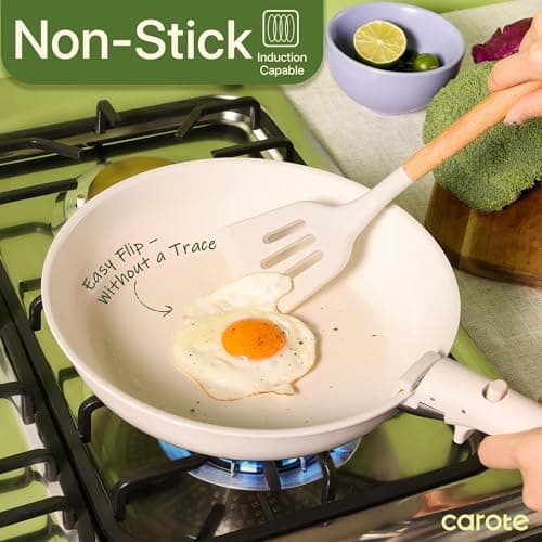 CAROTE 19pcs Pots and Pans Set Non Stick, Ceramic Cookware Sets, Oven/Fridge Safe, Space Saving Pots Set, Nonstick Cooking Set with Versatile Detachable Handle, Induction RV Set, Cream White - Image 3