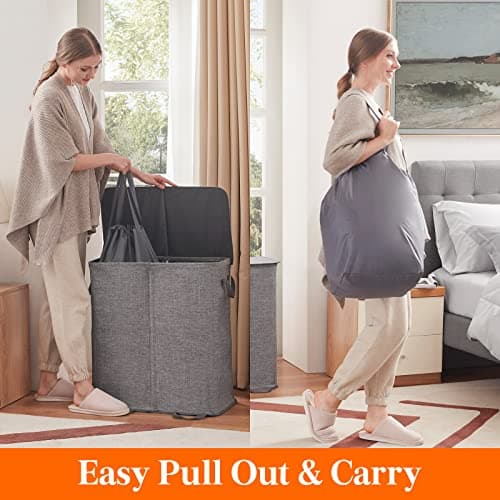 Lifewit Double Laundry Hamper with Lid and Removable Laundry Bags, Large Collapsible 2 Dividers Dirty Clothes Basket with Handles for Bedroom, Laundry Room, Closet, Bathroom, College, 136L Grey - Image 5