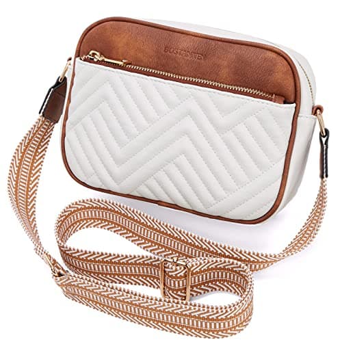 BOSTANTEN Quilted Crossbody Bags for Women Vegan Leather Purses Small Shoulder Handbags with Wide Strap Beige with Brown - Image 8