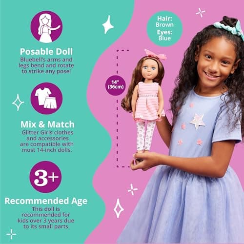 Glitter Girls – 14-Inch Fashion Doll – Brown Hair & Blue Eyes – Pink Dress, Glittery Shoes & Hairbow – Dolls for Girls 3+ Years – Bluebell - Image 4