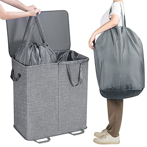 Lifewit Double Laundry Hamper with Lid and Removable Laundry Bags, Large Collapsible 2 Dividers Dirty Clothes Basket with Handles for Bedroom, Laundry Room, Closet, Bathroom, College, 136L Grey - Image 4