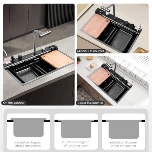 30x18 Dual Waterfall Kitchen Sink,Modern Kitchen Sink with 4 in 1 Faucet,Black Stainless Steel Single Bowl Digital Smart Sink with Pull-Out Faucet,Multifunctional Workstation Sinks with Nano Honeycomb - Image 6