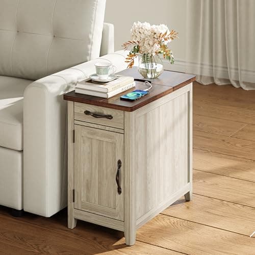 LINSY HOME Farmhouse End Table with Charging Station, Narrow Side Table for Living Room, Sofa Side Table with Drawer and Storage Cabinet, Small Nightstand for Home Office - Image 2