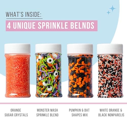 Sweets Indeed Halloween Sprinkles 4-Pack – 11.57 oz Jar Set | Candy Eyeball Mix, Bat & Pumpkin Quin Mix, Orange Sanding Sugar & Black/White/Orange Nonpareils | Cupcake & Cookie Decorations - Image 3