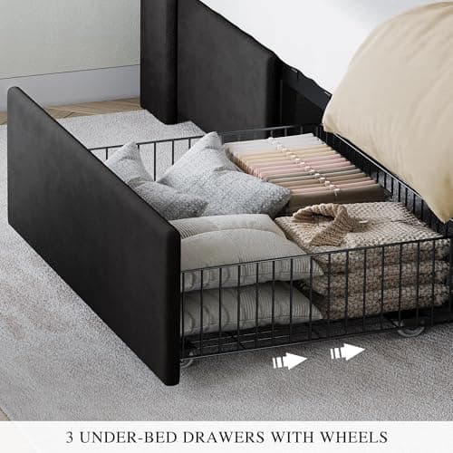 YITAHOME King Size Bed Frame with 3 Storage Drawers and RGB LED Lights, Velvet Upholstered Bed with Charging Station and Storage Headboard, No Box Spring Needed, Easy Assembly, Noise-Free, Black - Image 6