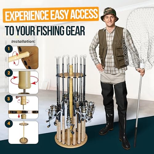 Rush Creek Creations Round 16 Fishing Rod Storage Rack - Features Traditional Handcrafted Wood Post - No Tool Assembly, Wood Grain Laminate - Image 3