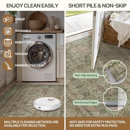 8x10 Area Rug Machine Washable Boho Rug for Living Room,Ultra-Thin Low Pile Carpet,Lightweight Indoor Printed Rug,Non Slip Floral Area Rug for Bedroom, Dining Room, Home Office,Sage - Image 6
