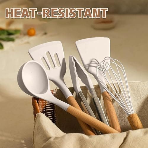 Umite Chef Kitchen Cooking Utensils Set, 33 pcs Non-Stick Silicone Cooking Kitchen Utensils Spatula Set with Holder, Wooden Handle Silicone Kitchen Gadgets Utensil Set (Khaki) - Image 5