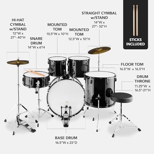 Best Choice Products 5-Piece Full Size Complete Adult Drum Set w/Cymbal Stands, Stool, Drum Pedal, Sticks, Floor Tom - Black - Image 2