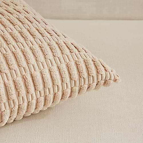 Fancy Homi 4 Packs Neutral Decorative Throw Pillow Covers 18x18 Inch for Living Room Couch Bed Sofa, Rustic Farmhouse Boho Home Decor, Soft Plush Striped Corduroy Square Cushion Case 45x45 cm - Image 4