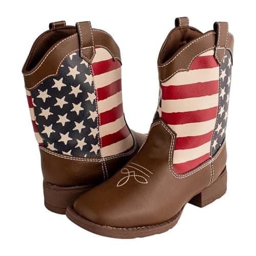Baby Deer Brown (Red/White/Blue), Faux-leather, Rubber-soled, Kids Square Toe Stars & Stripes Boot for Children - Image 5