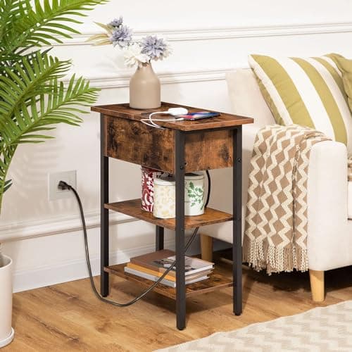 HOOBRO End Table with Charging Station, Narrow Side Table, Flip Top Nightstand with USB Ports and Outlets, Bedside Tables with Shelf for Small Spaces, Living Room, Rustic Brown BF341BZ01 - Image 2