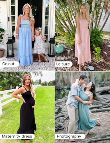 ZESICA Women's 2025 Summer Boho Spaghetti Strap Square Neck Solid Color Ruffle A Line Beach Long Maxi Dress,Blue,X-Large - Image 5