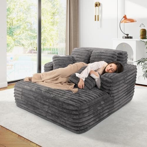JEEOHEY 56"W Oversized Chaise Lounge Chair Indoor,Plush Faux Fur Sleeper Sofa Couch Bed with Pillows&Wide Armrest,Fluffy Comfy Cloud Sofa,Compression Foam Boneless Couch for Living Room,Bedroom(Grey) - Image 6