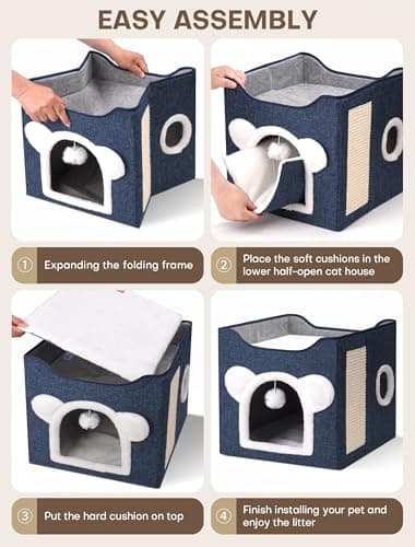Cat Houses for Indoor Cats, Large Cat Cave with Fluffy Ball and Scratch Pad, Covered Cat Bed House, Foldable Cat Hideaway - Image 3