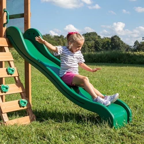 Backyard Discovery Buckley Hill Cedar Wood Swing Set with Wave Slide, Play Deck, Rock Wall Ladder, Belt Swings, Chalkboard, Canopy Roof, Outdoor Playset - Image 6