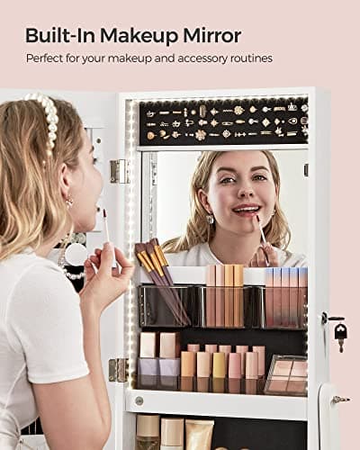 SONGMICS Mirror Jewelry Cabinet Standing Armoire Organizer, Jewelry Storage with Full-Length Frameless LED Lights, Built-in Makeup Mirror, 2 Drawers, Lockable, White UJJC023W01 - Image 3