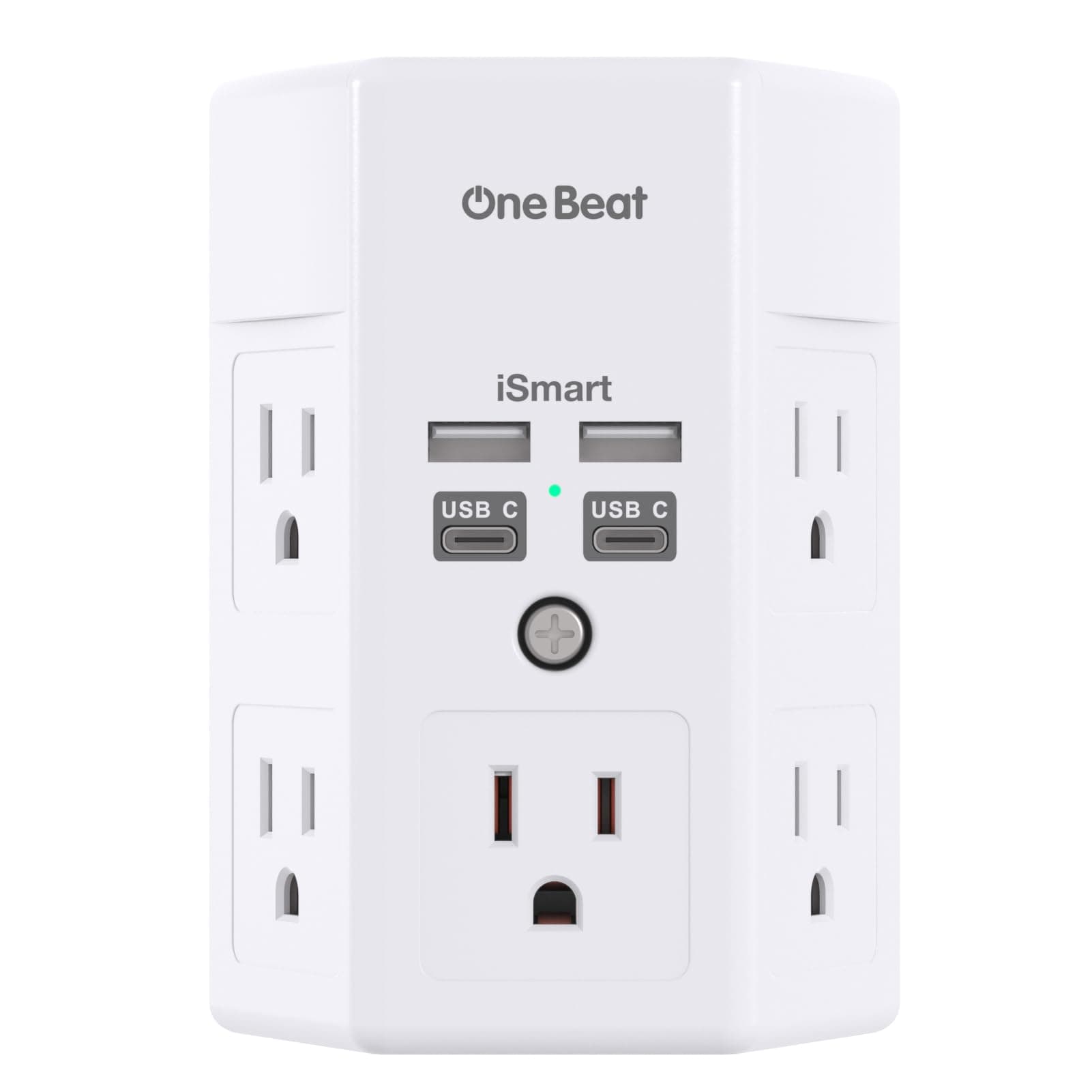 One Beat 1680J 3 Side Power Strip Multi Plug Expander, Surge Protector, 5 Outlets Extender, 4 USB Ports (USB C), Wall Mount Charger, Outlet Splitter Adapter for Home, Travel, Office, ETL Listed, White 15.5W,1Pack,None White