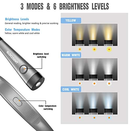 Glocusent Book Light, 3-Color & 6-Brightness Reading Light, Bendable Neck Light, 80-hr Lasting Rechargeable Lamp, Perfect Book Light for Reading in Bed, Knitting, Camping, Repairing, Book Lovers Gifts - Image 2
