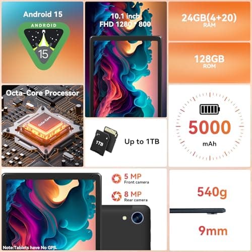Tablet,10.1" Android Tablet with Octa-core Processor 24GB RAM 128GB ROM HD IPS Touchscreen 8H Battery, Wi-Fi 6, BT 5.0, Dual Camera, Android 15 Tablets 2025 - Image 2