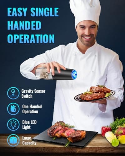 Sweet Alice Gravity Electric Pepper and Salt Grinder Set, Adjustable Coarseness, Battery Powered with LED Light, One Hand Automatic Operation, Stainless Steel Black, 2 Pack - Image 3