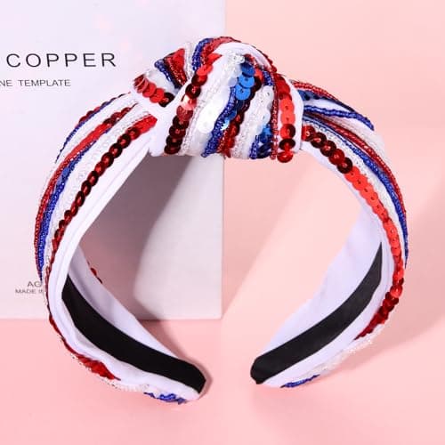4 th of July Headband for Women Girls Fourth of July Knotted Headband Red White and Blue Sequin Beaded Patriotic Hairband American Flag USA Independence Day Head Band Hair Accessories Gifts - Image 6