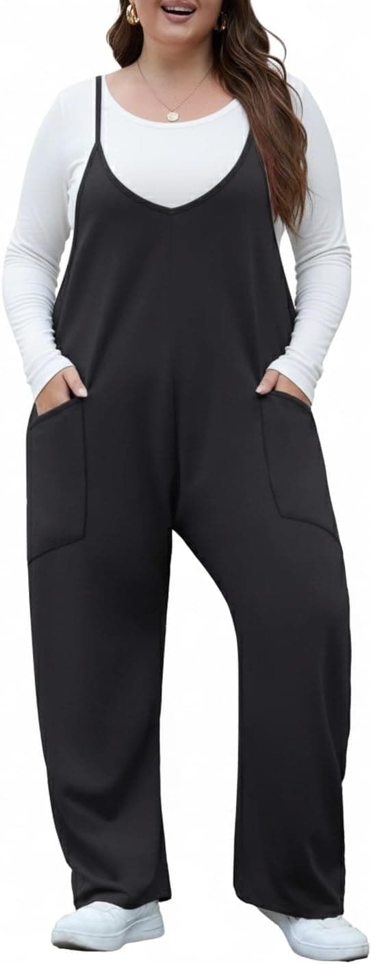 OLRIK Womens Plus Size Jumpsuit Adjustable Strap Stretchy Overalls Loose Fit Romper Fall Outfits with Pockets Black 3X - Image 2