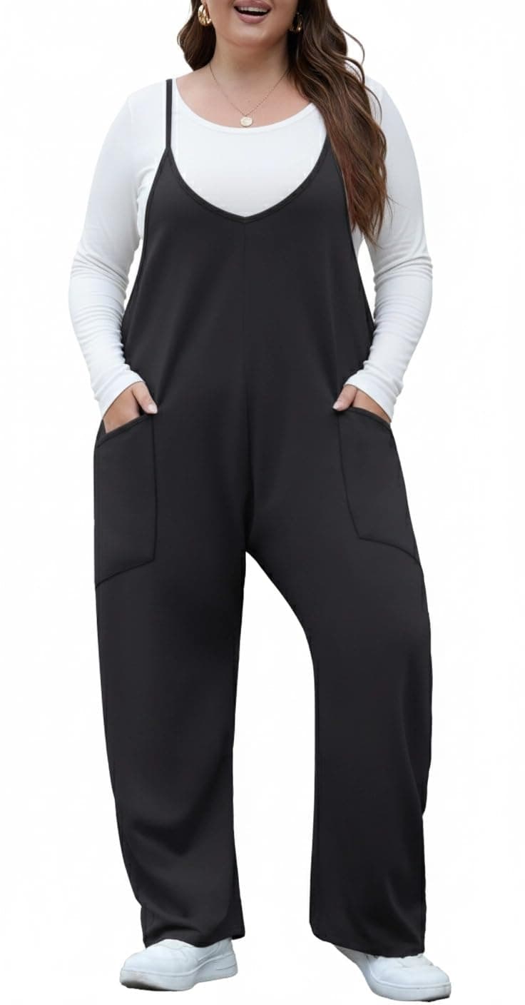 OLRIK Womens Plus Size Jumpsuit Adjustable Strap Stretchy Overalls Loose Fit Romper Fall Outfits with Pockets Black 3X