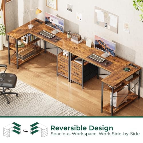 Huuger L Shaped Office Desk with Power Outlets, 47 Inch Computer Desk with 3 Drawers, Shelves, for Gaming, Corner Work, Home Office, Study, Rustic Brown - Image 4