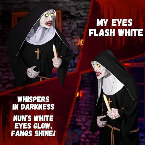 Halloween Animatronics 6ft Nun Animated 72inch Sister Decoration with Motion Sensor Activated, Creepy Sound, Scary Move, Light Up Eyes, Haunted House Spooky Decor Horror Prop for Indoor, Outdoor, Yard - Image 3
