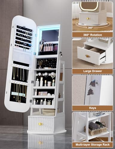 360° Swivel Jewelry Cabinet with Lights - RGB Vanity Mirror | Rotatable Full Length Mirror with Jewelry Storage, Standing Jewelry Armoire Organizer, Foldable Makeup Shelf, White - Image 4